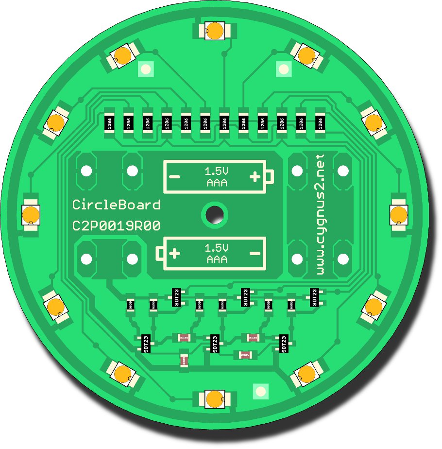 Der elektronische Bausatz in gemischter SMT / THT Technologie. Im aufgebauten Zustand funktioniert es als ein Lichteffekt – drehendes Rad mit 12 Leuchtdioden.