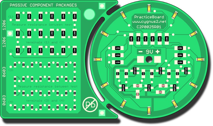 The electronic kit SMT consists of two sections – one section with non-functional circuit and one section with functional circuit. It is an excellent tool for soldering training including working with circuit diagram and assembly drawing. Once finalized, it works as a light effect - rotating circle with 12 LEDs. Each component is equipped with test points allowing additional testing of solder points and soldered components.