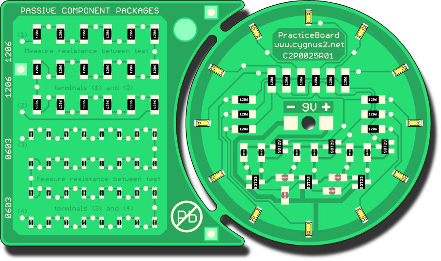 Der elektronische Bausatz SMT besteht aus zwei Teilen – aus einem Teil mit Schaltungen ohne Funktion und einem Teil mit funktionierenden Schaltungen. Es ist ein exzellentes Mittel für Lötübungen (Handbestückung und Handlöten) einschliesslich der Arbeit mit Schalt- und Bestückungsplan. Es funktioniert im aufgebauten Zustand als drehendes Licht mit 12 Leuchtdioden. Alle Bauteile sind mit Messpunkten ausgestattet, um die Lötstellen und eingelötete Bauteile elektrisch prüfen zu können.