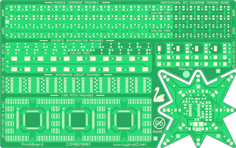 The advanced electronic kit especially designed for professional soldering training to gain experience and skills in manual mounting and soldering of printed circuit boards in SMT technology. As cost-effective solution, the electronic kit is intended for use in company training centers and technical schools. The electronic kit contains SMD components in an optimum size and quantity in order to allow gaining experience and skills in a short time. The SMD components are arranged into the sections. There is a stand-alone section - functional electronic circuit. Once finalized, it works as a light effect - flickering star with 12 LEDs. Each component is equipped with test points allowing additional testing of solder points and soldered components.