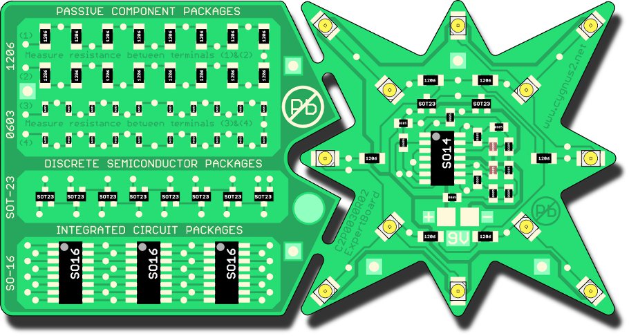 Der elektronische Bausatz SMT besteht aus zwei Teilen – aus einem Teil mit Schaltungen ohne Funktion und einem Teil mit funktionierenden Schaltungen. Es ist ein exzellentes Mittel für Lötübungen (Handbestückung und Handlöten) einschliesslich der Arbeit mit Schalt- und Bestückungsplan. Es funktioniert im aufgebauten Zustand als flackernder Stern 12 Leuchtdioden. Alle Bauteile sind mit Messpunkten ausgestattet, um die Lötstellen und eingelötete Bauteile elektrisch prüfen zu können.