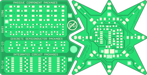 The electronic kit SMT consists of two sections – one section with non-functional circuit and one section with functional circuit. It is an excellent tool for soldering training including working with circuit diagram and assembly drawing. Once finalized, it works as a light effect - flickering star with 12 LEDs. Each component is equipped with test points allowing additional testing of solder points and soldered components.