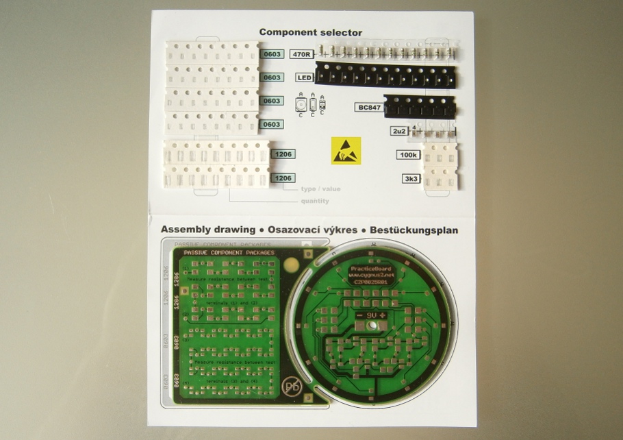 Der elektronische Bausatz SMT mit sechs Funktionsschaltungen, die miteinander verbunden werden können. Im aufgebauten Zustand ideal zum Messen an den Bauteilen und Schaltungen über vorhandene Messpunkte.