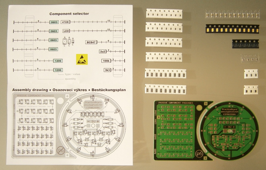 Elektronická stavebnice SMT složená ze dvou částí - z části s nefunkčními obvody a z části s funkčními obvody. Stavebnice je vynikajícím prostředkem pro nácvik osazování a pájení včetně práce se schématem a osazovacím plánem. Po sestavení pracuje jako světelný efekt - rotující kolo s 12 svítivými diodami. Všechny součástky jsou opatřeny měřícími body umožňující elektrický test pájených spojů a součástek.