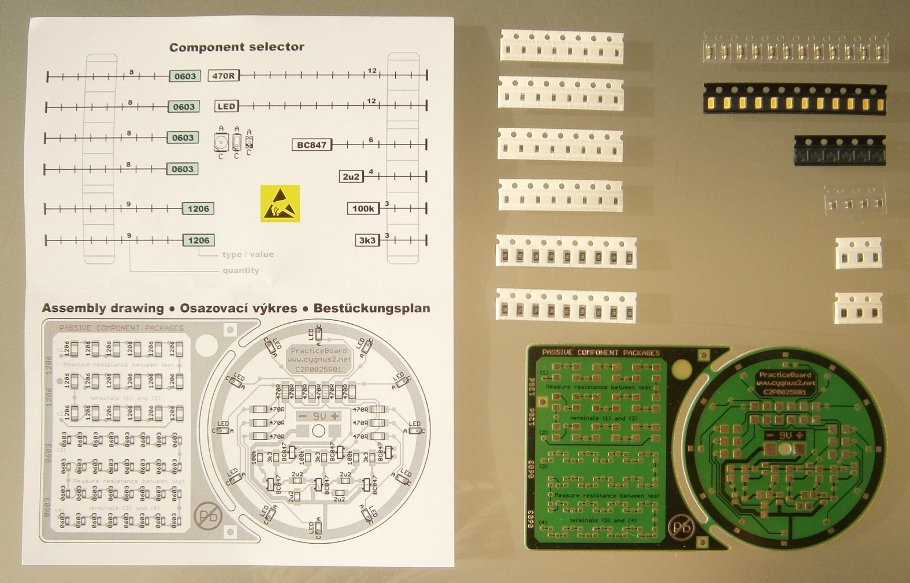 Elektronická stavebnice SMT složená ze dvou částí - část s nefunkčními obvody a část s funkčními obvody. Stavebnice je vynikajícím prostředkem pro nácvik osazování a pájení včetně práce se schématem a osazovacím plánem. Po sestavení pracuje jako světelný efekt - blikající hvězda s LED. Všechny součástky jsou opatřeny měřícími body umožňující elektrický test pájených spojů a součástek.